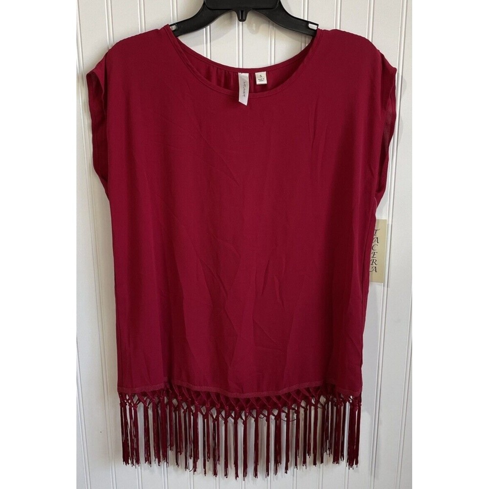 Tacera Womens Red Small‎ Sleeveless Top NEW Tunic Shirt Blouse Fringe Hem
